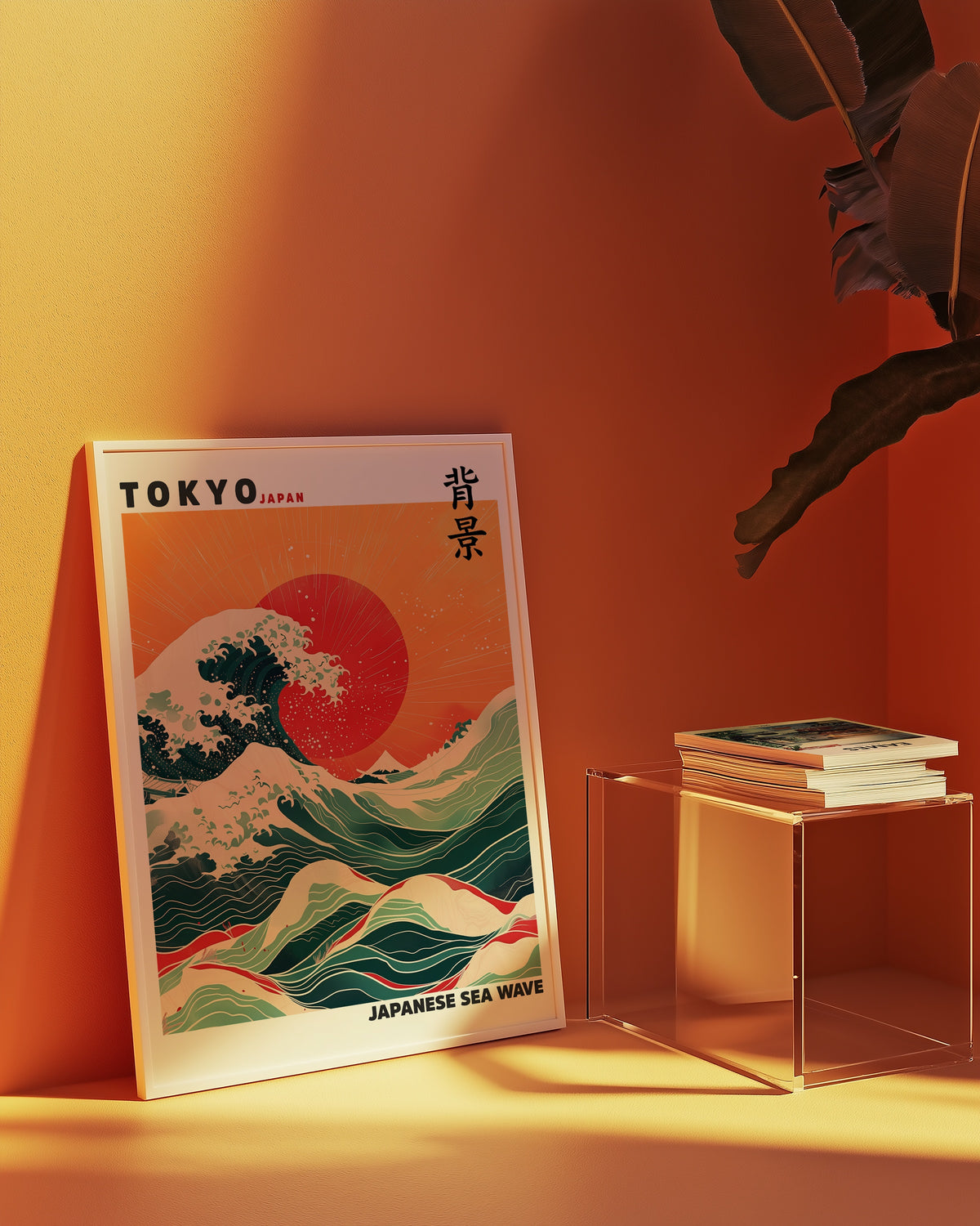 Japanese Sea Wave poster i inramad miljö på vägg – konsttryck från Bozetto i hög kvalitet