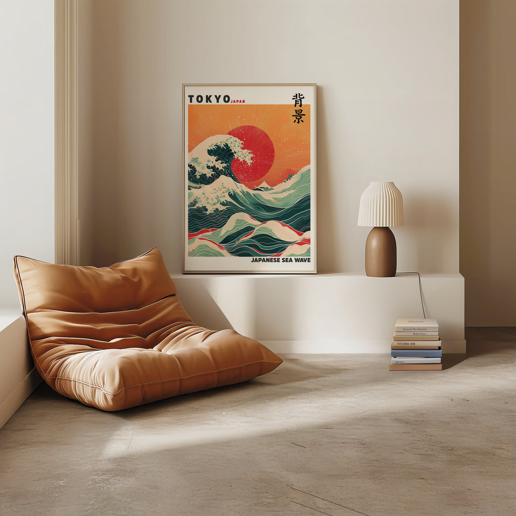 Japanese Sea Wave poster på vägg i inrett rum – konsttryck från Bozetto i hög kvalitet