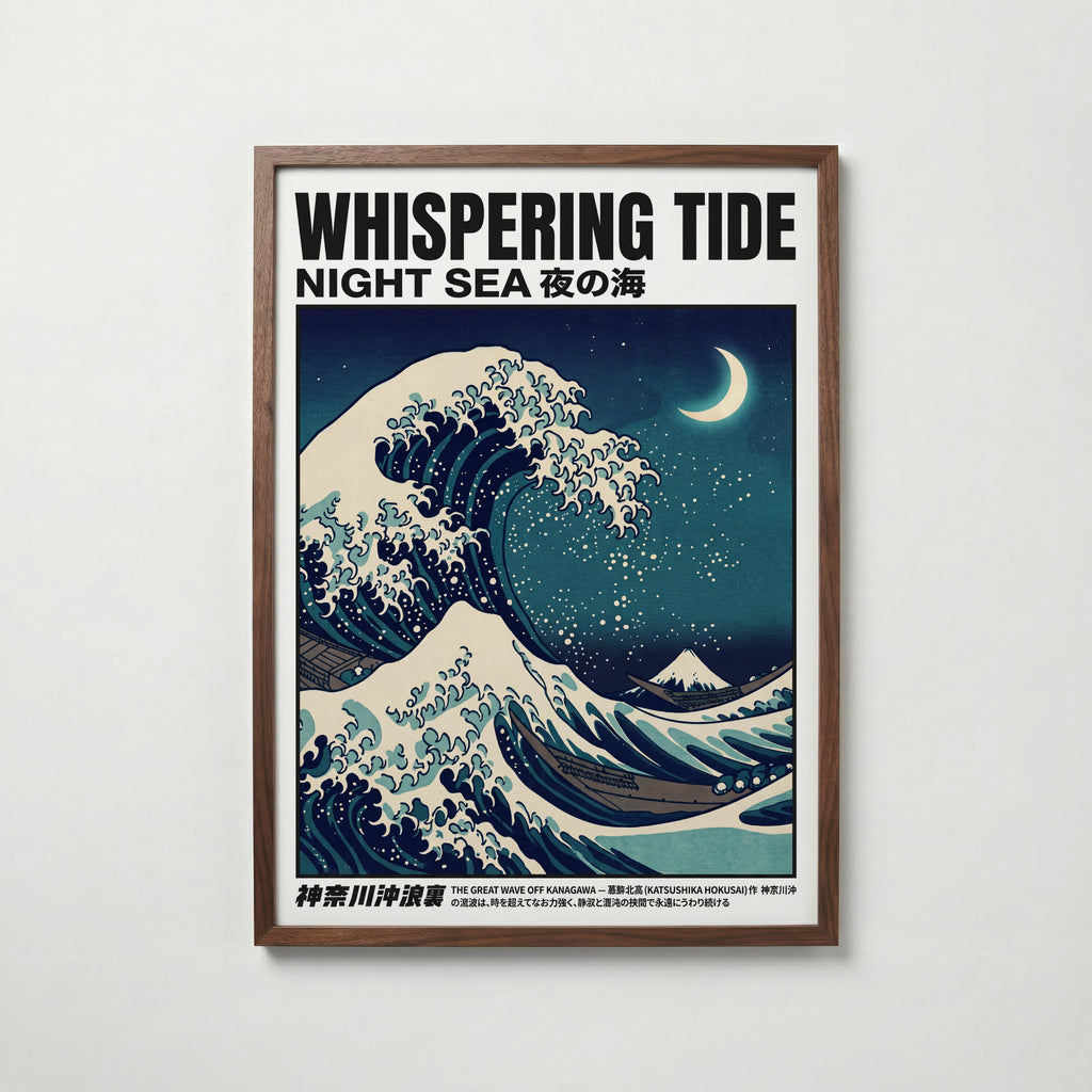 Whispering Tide affisch i valnötsram med teal och indigo havsmotiv